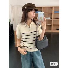 批发实价学院风翻领拉链半开胸撞色条纹短袖上衣