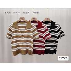 批发实价时尚翻领撞色<b class='q'>条纹</b>拉链短袖<b class='q'>开衫</b>上衣女