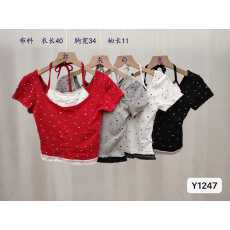 批发实价纯欲辣妹挂脖<b class='q'>假两件</b>蕾丝蝴蝶结短袖t恤