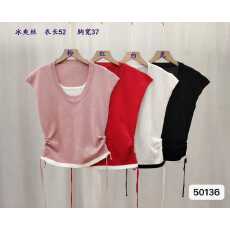 批发实价韩系圆领拼接假两件抽绳设计小飞袖上衣