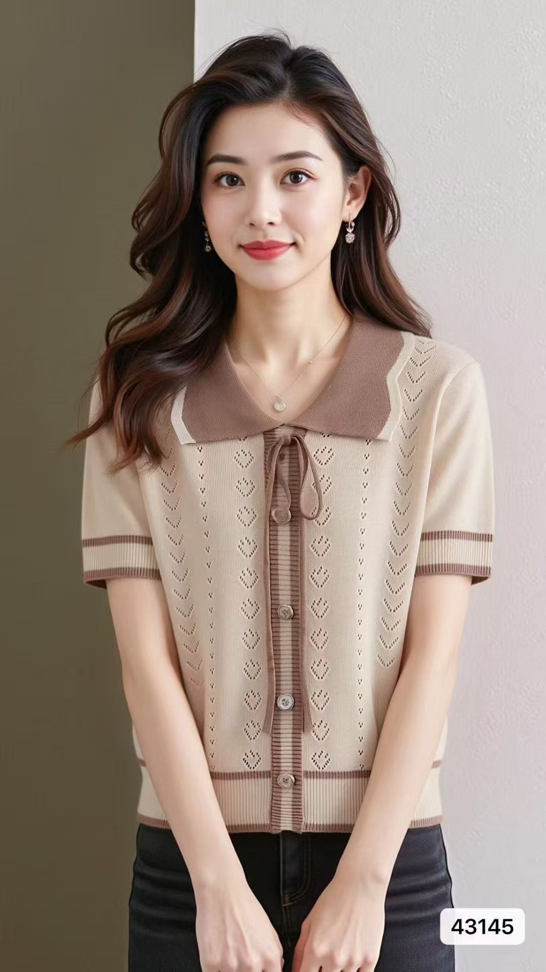 정가 외국 가스 연령 감소 베이비 칼라 패치워크 색상 홀로우 아웃 니트 단추 반팔