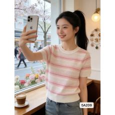 批发实价设计感圆领撞色提花<b class='q'>镂空</b>针织短袖上衣女