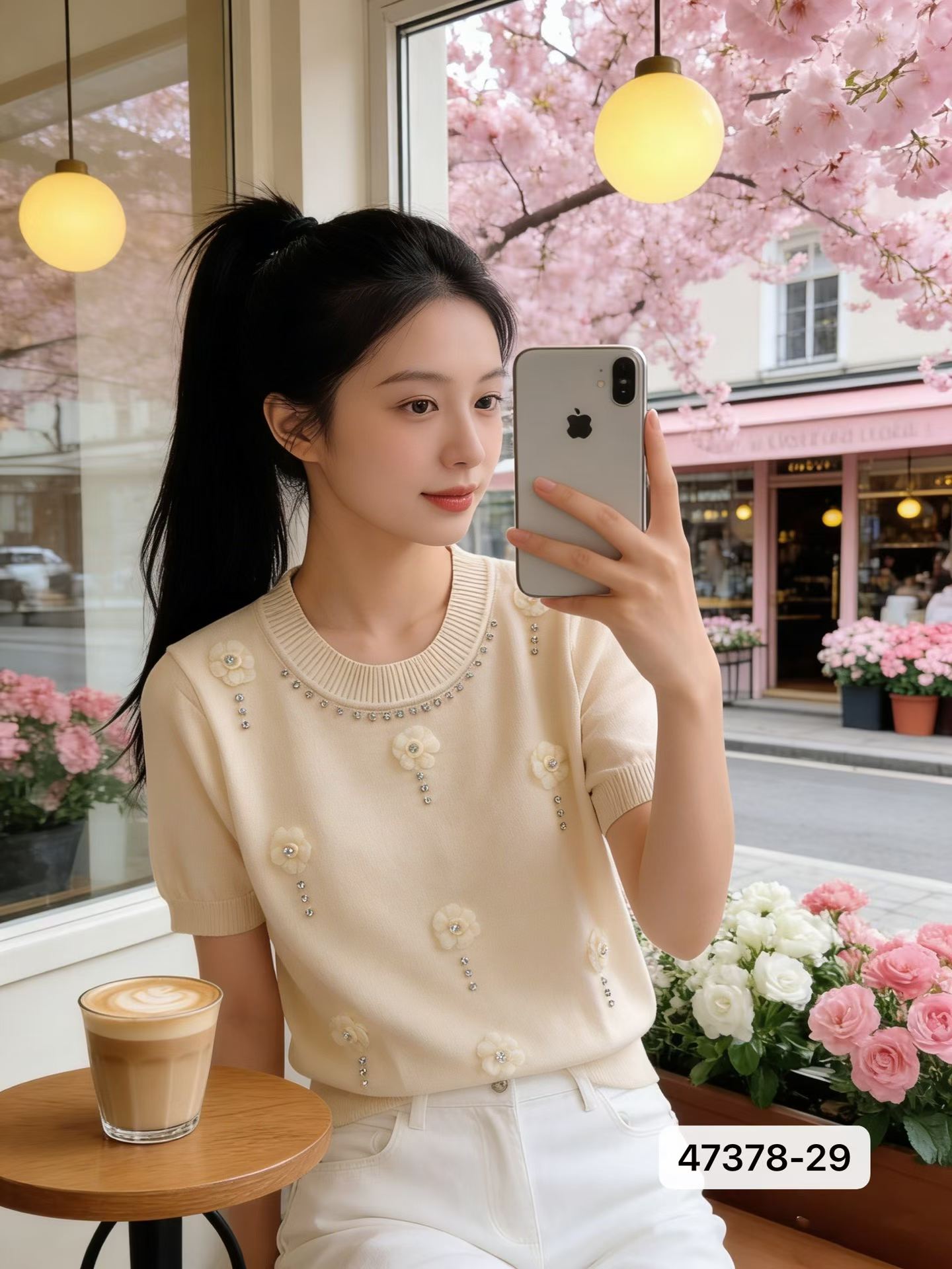 부드러운 신선함 라운드 넥 3 차원 꽃 비즈 박기 반팔 맨위 여성