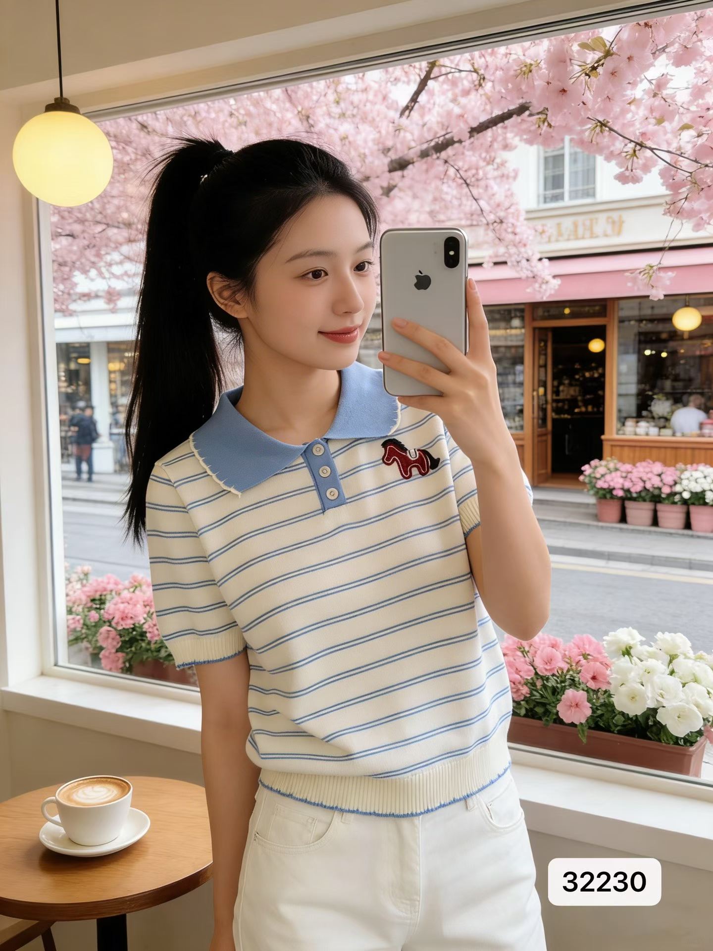 한 부서 작은 청신 POLO 칼라 马仔 장식 스트라이프 반팔 맨위 여성