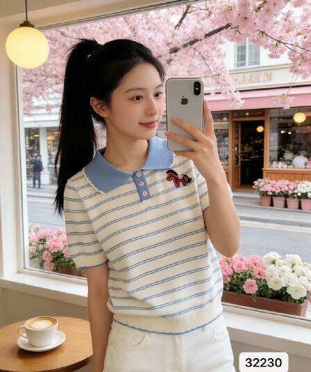 한 부서 작은 청신 POLO 칼라 马仔 장식 스트라이프 반팔 맨위 여성