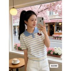 批发韩系小清新polo领马仔装饰条纹短袖上衣女