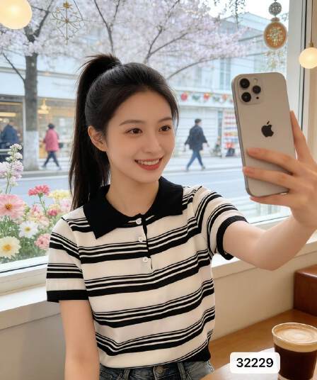 레트로 스트라이프 POLO 칼라 배색 스트라이프 다용도 반팔 맨위 여성
