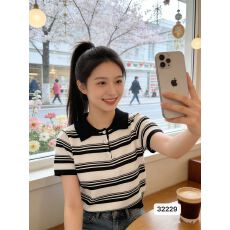 批发复古条纹polo领撞色条纹百搭短袖上衣女