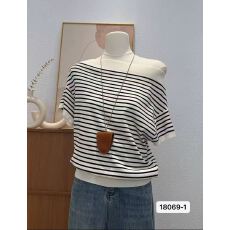 批发韩系休闲风条纹斜肩针织卡腰显瘦露肩短袖