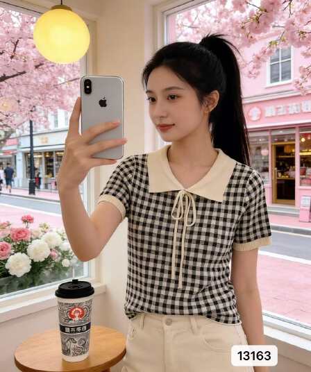 패션 폴로 칼라 배색 체크무늬 니트 다용도 반팔