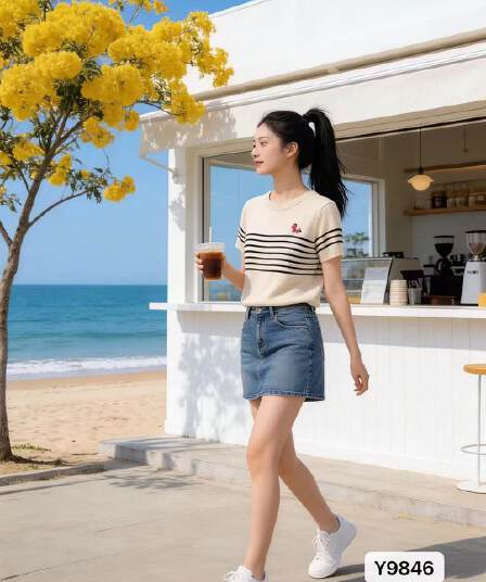 품격 레트로 라운드 넥 스트라이프 작은 말 자수 다용도 반팔