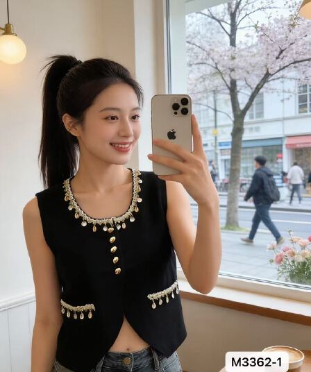 작은 샤넬 스타일 금속 버클 절묘한 ~ 중 조개 장식 베스트 오픈 가디건