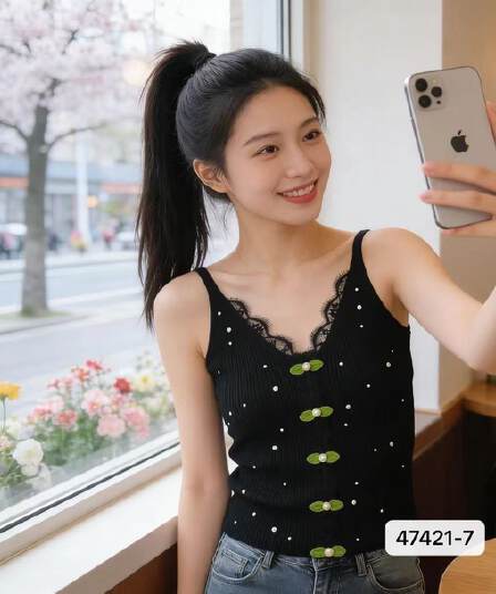 달콤한 자매 바람 V넥 레이스 녹색 잎사귀 비즈 박기 풀오버 슬립