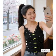 批发甜妹风V领蕾丝绿色叶子钉珠套头吊带
