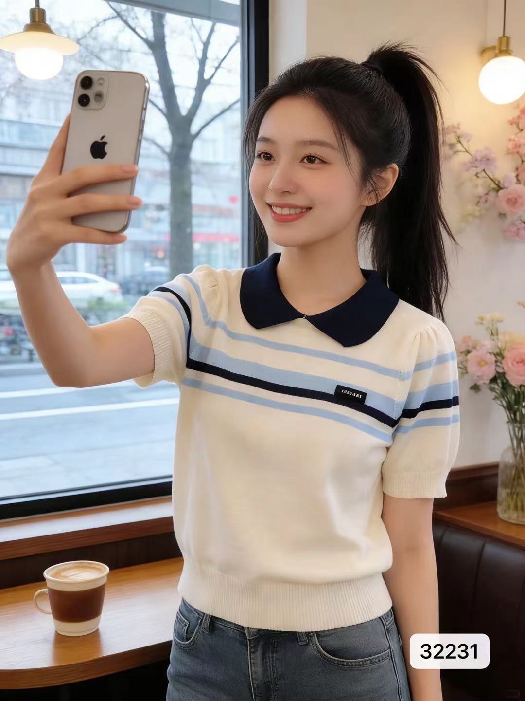 학원 스타일 POLO 칼라 배색 스트라이프 니트 풀오버 반팔