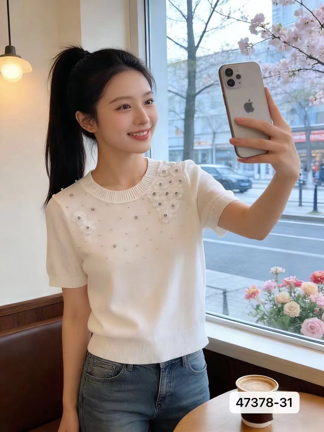 한 부서 부드러운 달콤한 자매 바람 3 차원 꽃 꾸밈음 풀오버 반팔