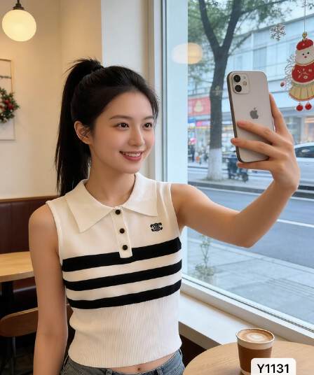 작은 샤넬 스타일 polo 폴로 칼라 자수 배색 스트라이프 풀오버 조끼
