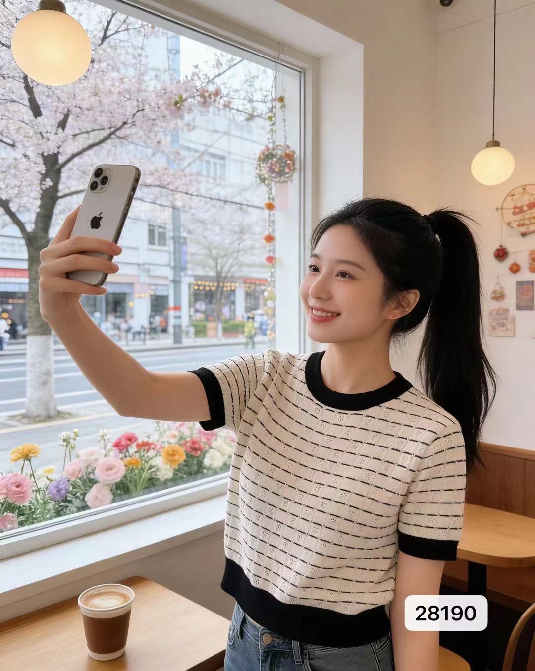 여름 새로운 긍정적 인 어깨 라운드 넥 티셔츠 얼음 센스 핀 스트라이프 질감 니트 반팔