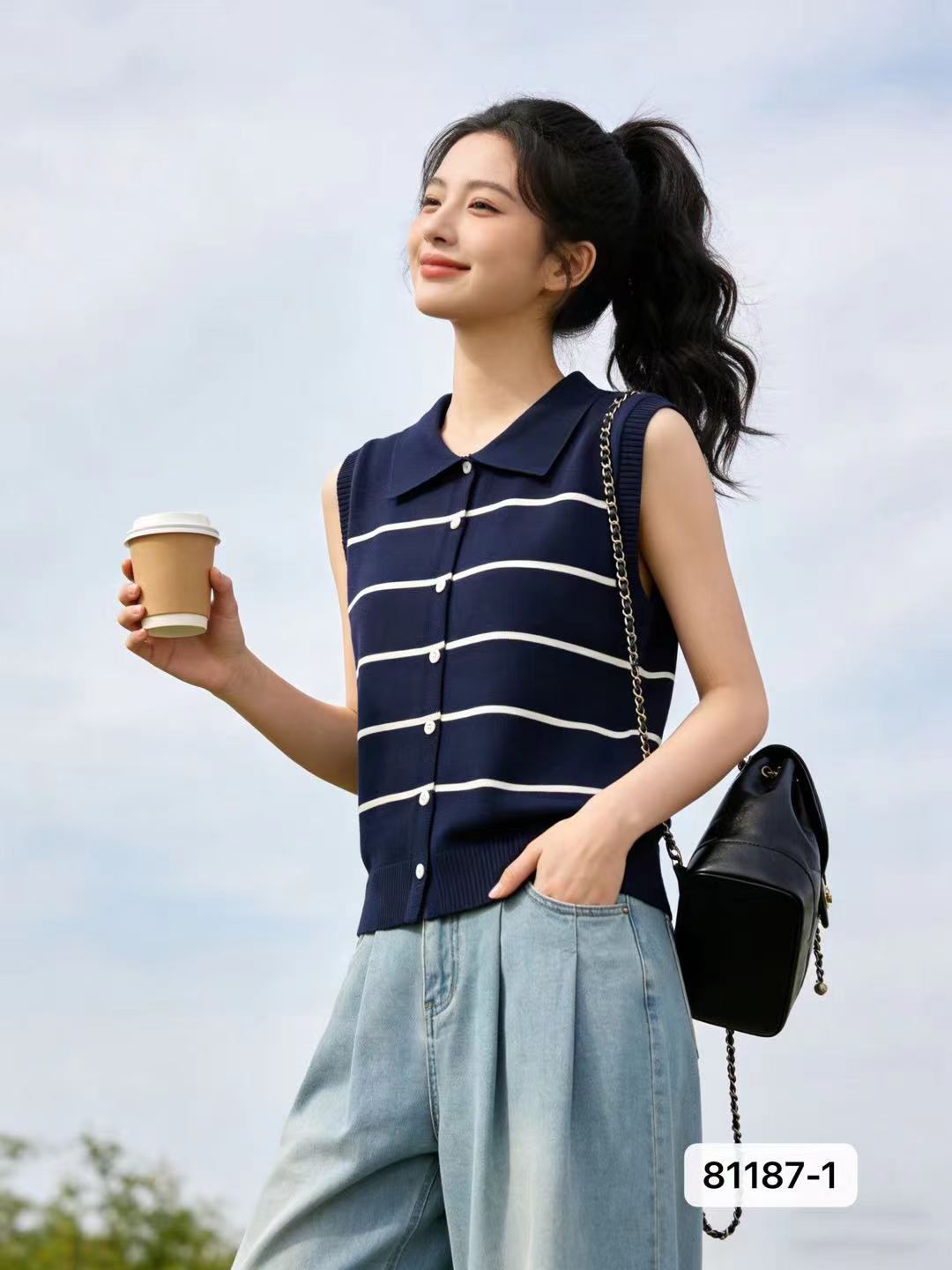 학원 스타일 폴로 칼라 배색 스트라이프 니트 조끼 오픈 가디건