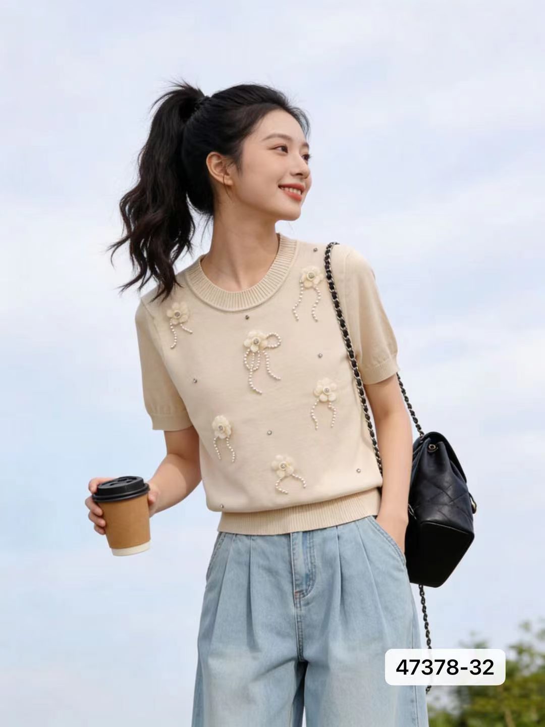 작은 청신 라운드 넥 3 차원 꽃 비즈 박기 다용도 니트 풀오버 반팔