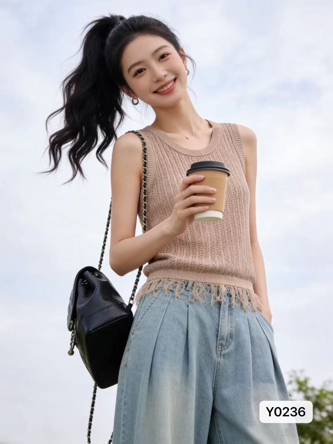 한 부서 미니멀리즘 라운드 넥 홀로우 아웃 니트 술 밑단 풀오버 조끼