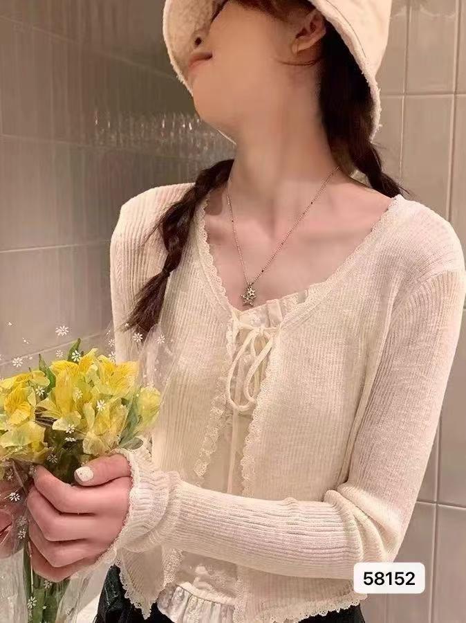 달콤함 연령 감소 V넥 레이스 레이스 레이스업 오픈 가디건 자외선 차단 의류