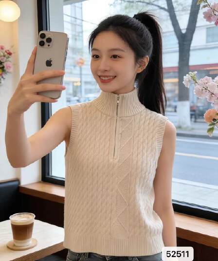 세련된 외국 가스 터틀넥 하프 지퍼 질감 니트 풀오버 조끼