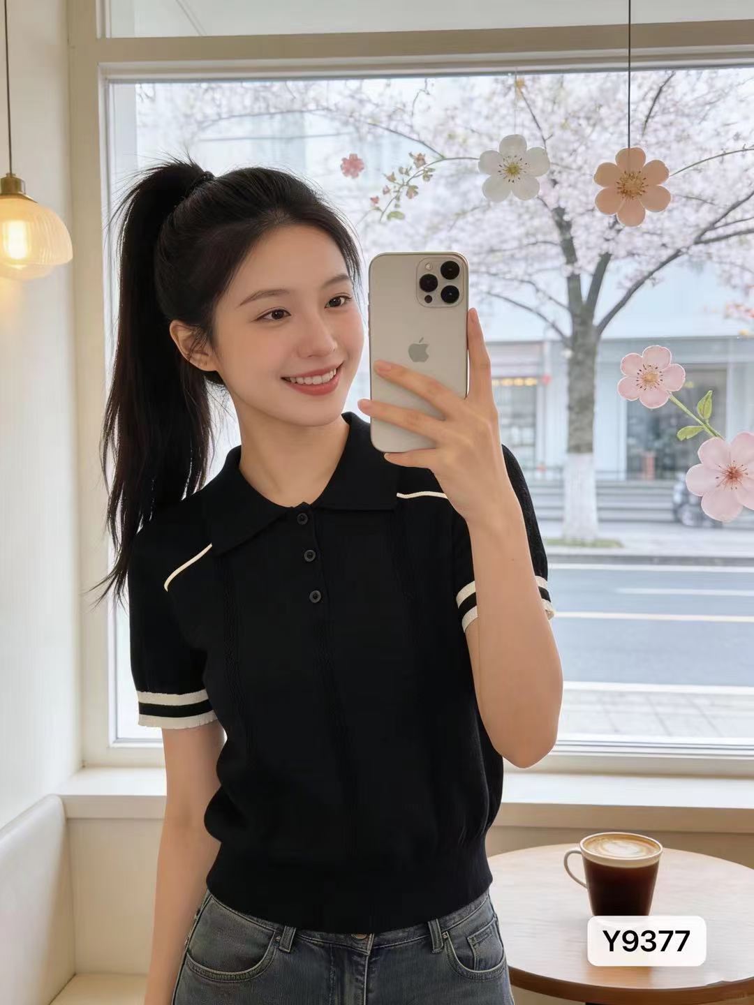패션 폴로 칼라 하프 열린 가슴 배색 스트라이프 홀로우 아웃 질감 풀오버 반팔