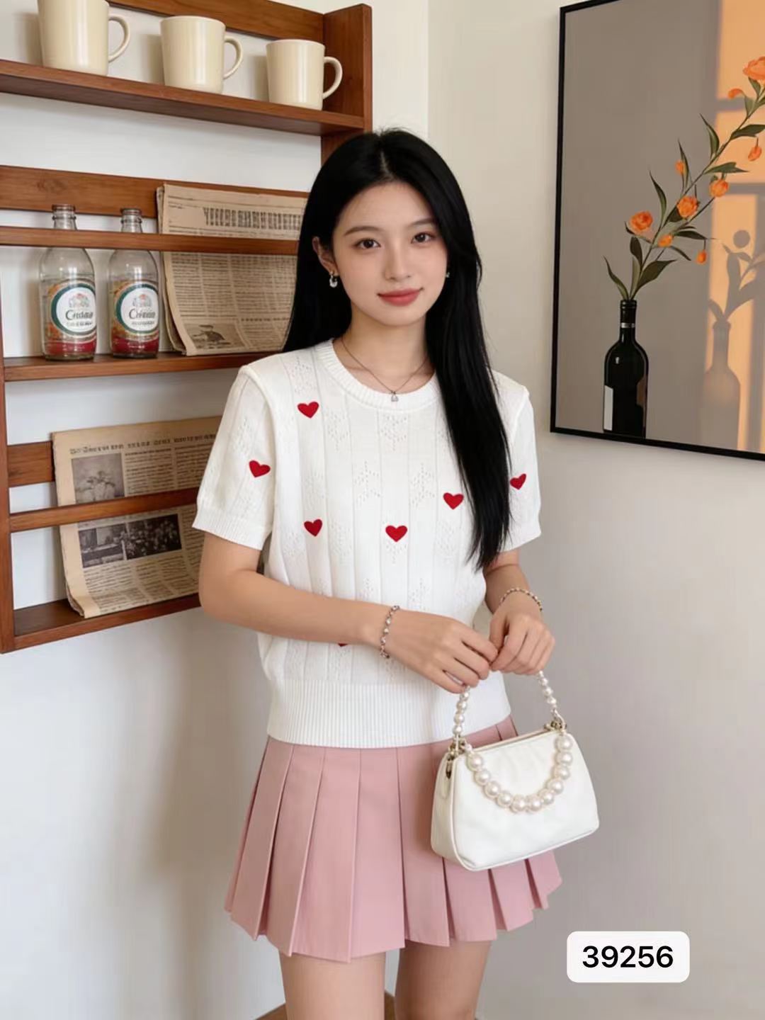 작은 샤넬 스타일 라운드 넥 딸기 가시 자수 홀로우 아웃 니트 풀오버 반팔