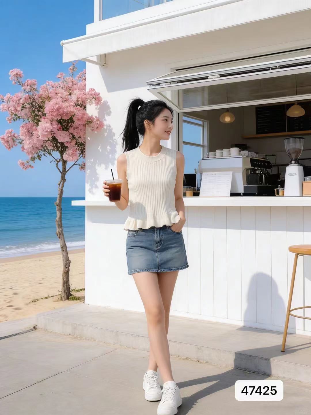 달콤함 연령 감소 라운드 넥 구덩이 기사 슬림해 보이는 프릴 밑단 풀오버 조끼