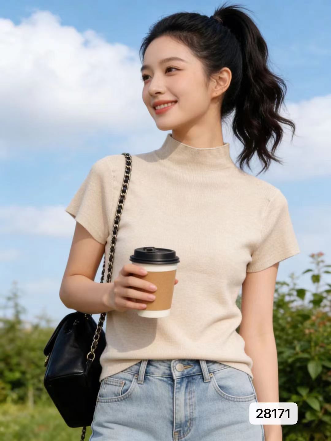 품격 반하이넥 단색 부드러운 찹쌀 니트 풀오버 반팔