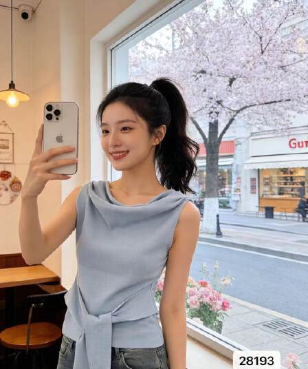 핫걸 바람 흔들다 칼라 스트랩 디자인 허리 수축 슬림해 보이는 풀오버 반팔