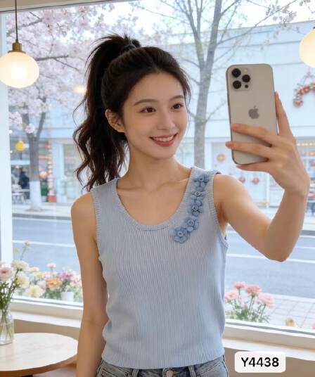 달콤함 연령 감소 라운드 넥 측면 3 차원 꽃 장식 니트 풀오버 반팔