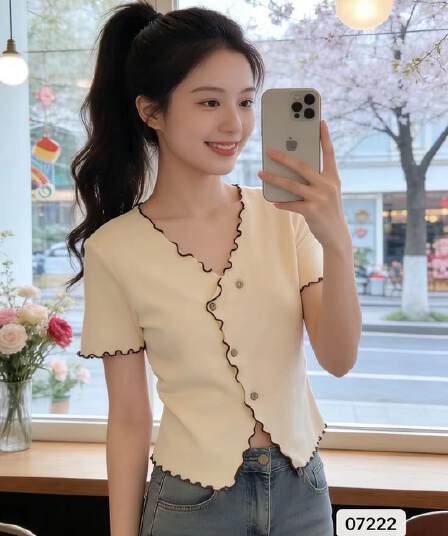 달콤함 연령 감소 V넥 패치워크 색상 프릴 트임 반팔 오픈 가디건