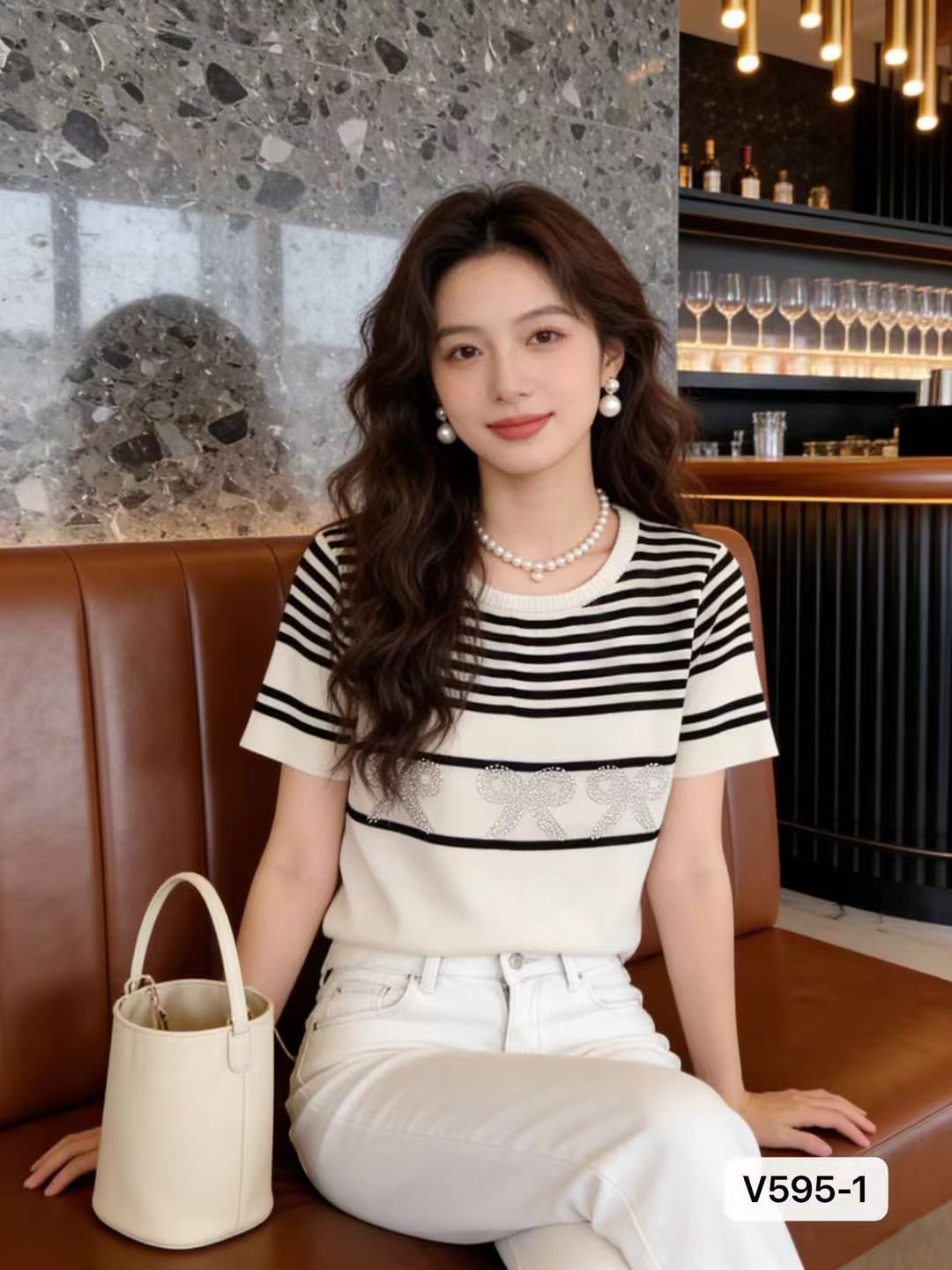 패션 고유 한 스트라이프 나비 매듭 핫픽스 풀오버 반팔