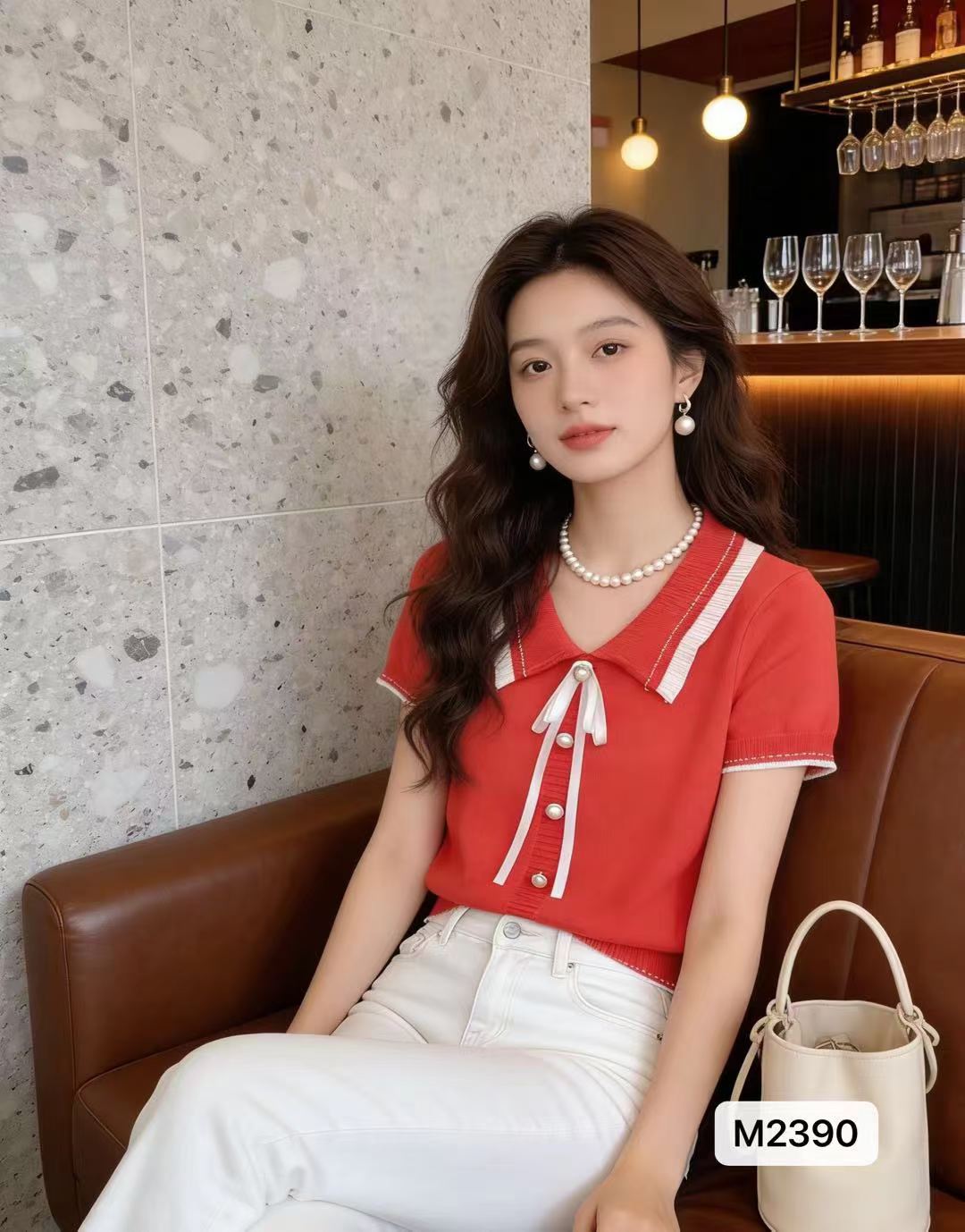 외국 가스 연령 감소 베이비 칼라 나비 매듭 단추 풀오버 반팔