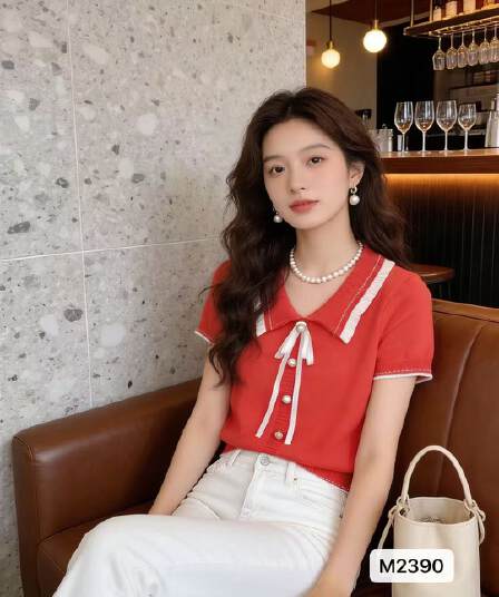 외국 가스 연령 감소 베이비 칼라 나비 매듭 단추 풀오버 반팔