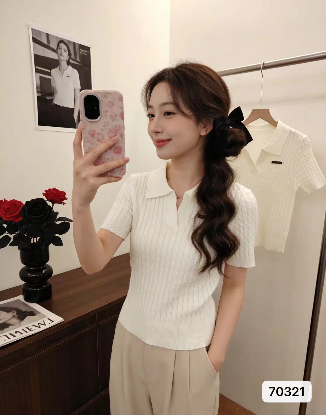 품격 POLO 칼라 꽈배기 니트 긍정적 인 어깨 풀오버 반팔