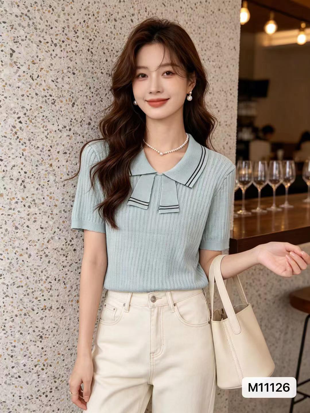 한 부서 학원 스타일 폴로 칼라 베이비 칼라 패치워크 색상 니트 풀오버 반팔