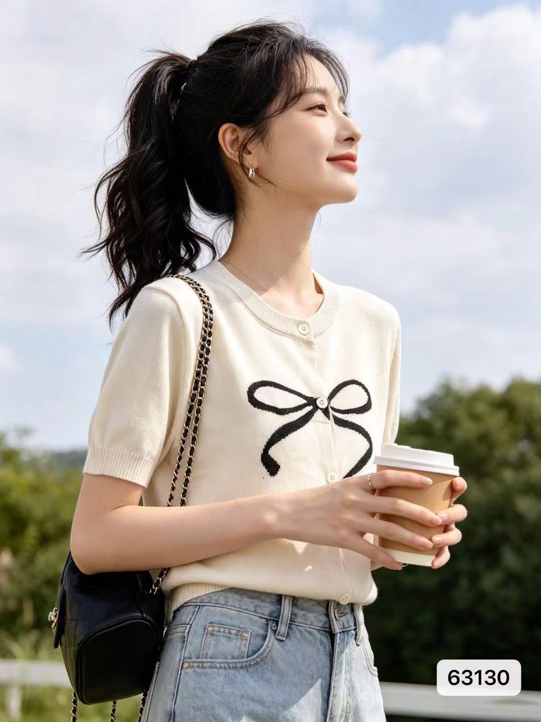패션 연령 감소 라운드 넥 나비 매듭 자카드 니트 반팔 오픈 가디건