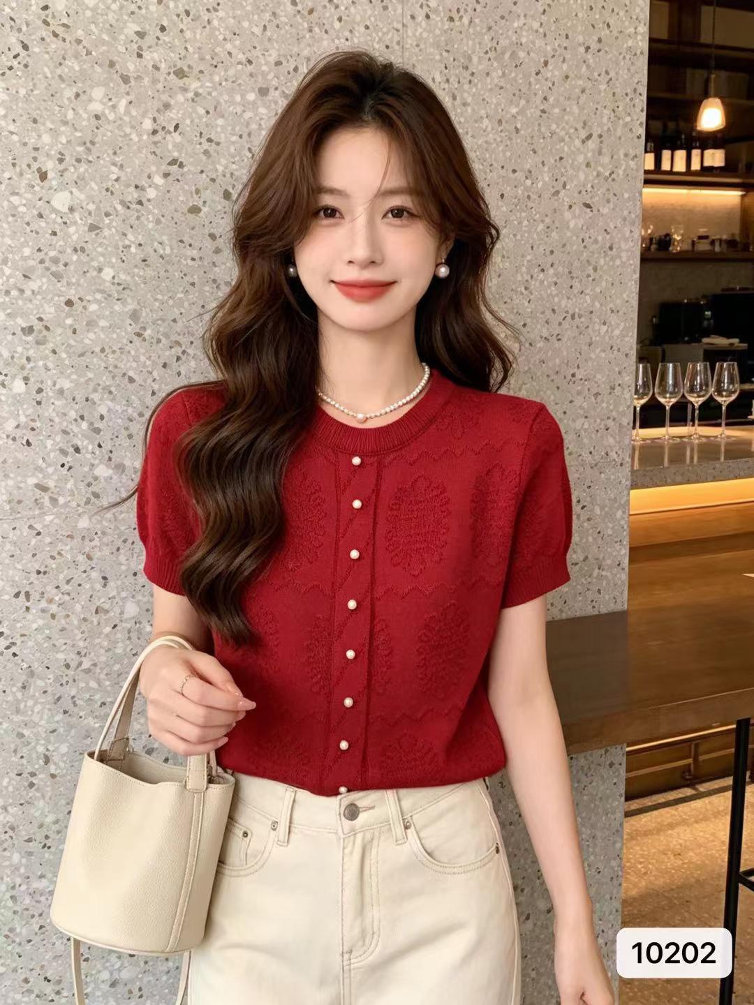 외국 가스 연령 감소 라운드 넥 질감 니트 비즈 박기 풀오버 반팔