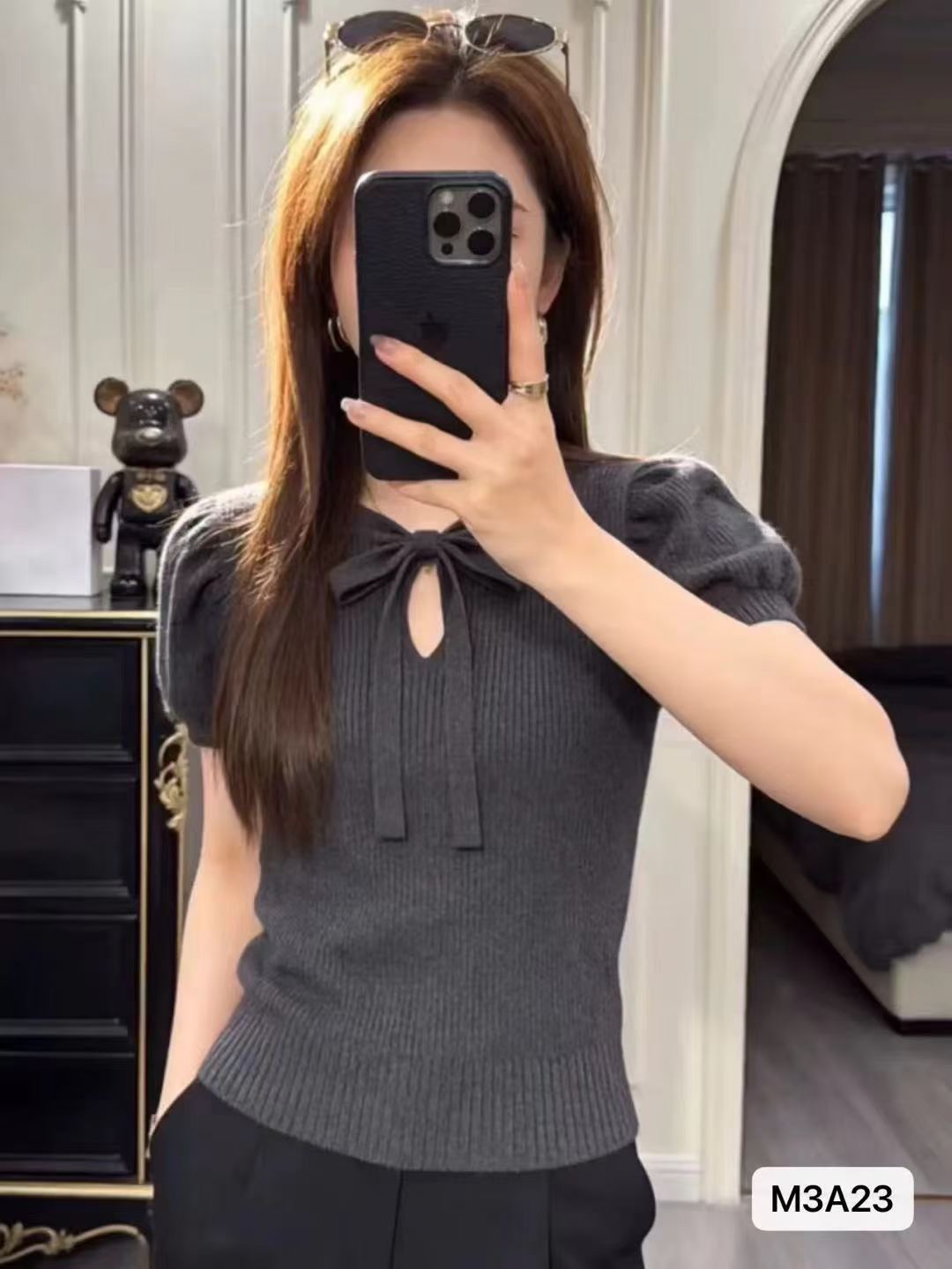 고급 센스 레이스업 버블 거품 소매 니트 다용도 풀오버 반팔