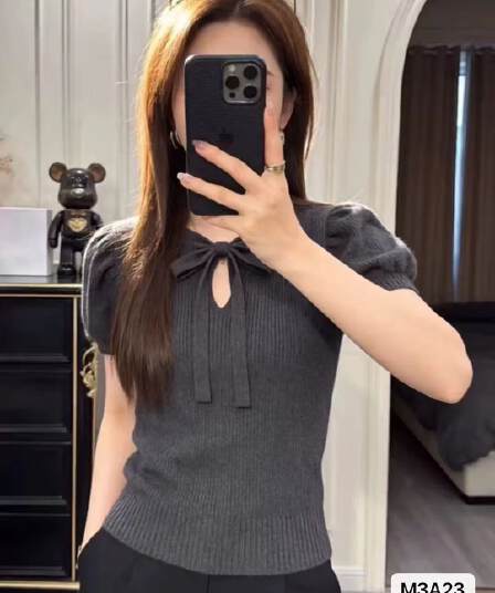 고급 센스 레이스업 버블 거품 소매 니트 다용도 풀오버 반팔
