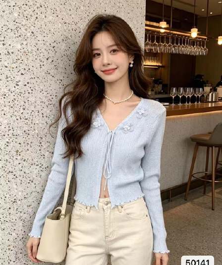 달콤함 연령 감소 V넥 레이스업 프릴 마이크로 ~을 통해 자외선 차단 의류