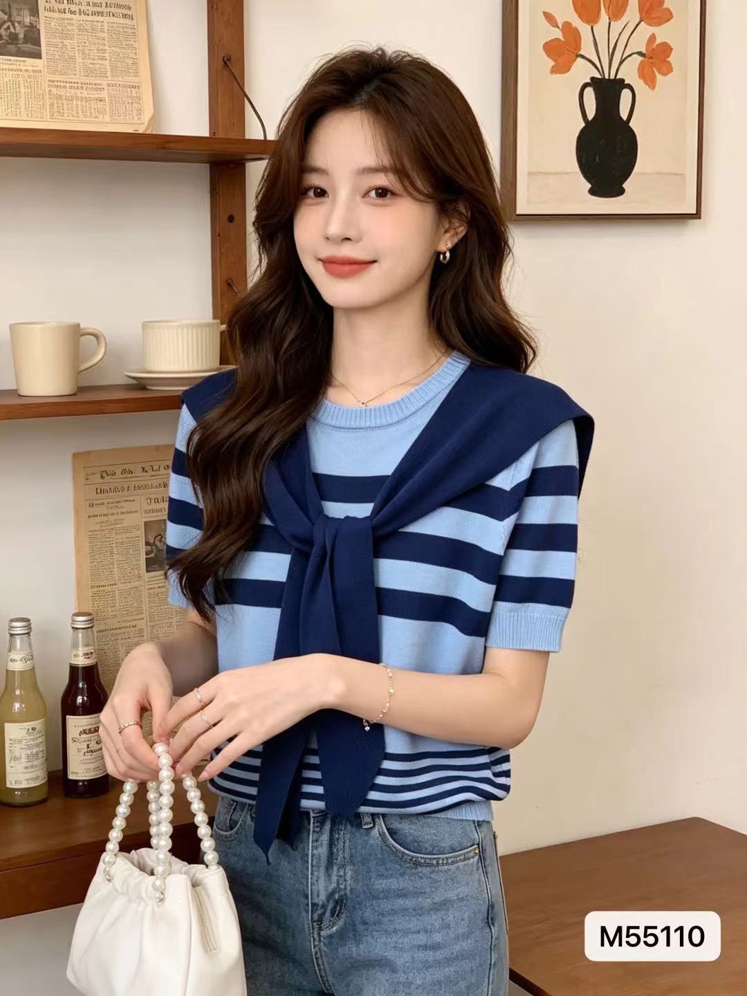 한 부서 라운드 넥 배색 스트라이프 반팔 해군 칼라 숄 투피스 슈트