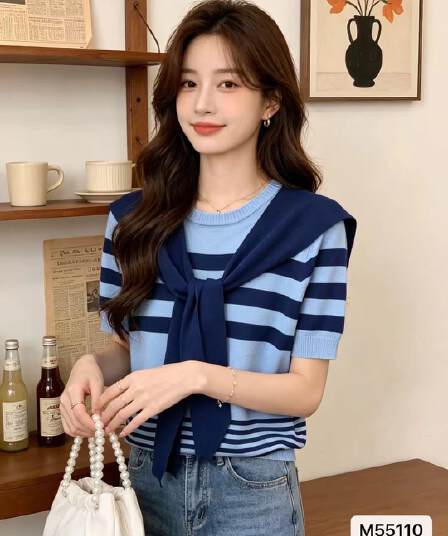 한 부서 라운드 넥 배색 스트라이프 반팔 해군 칼라 숄 투피스 슈트