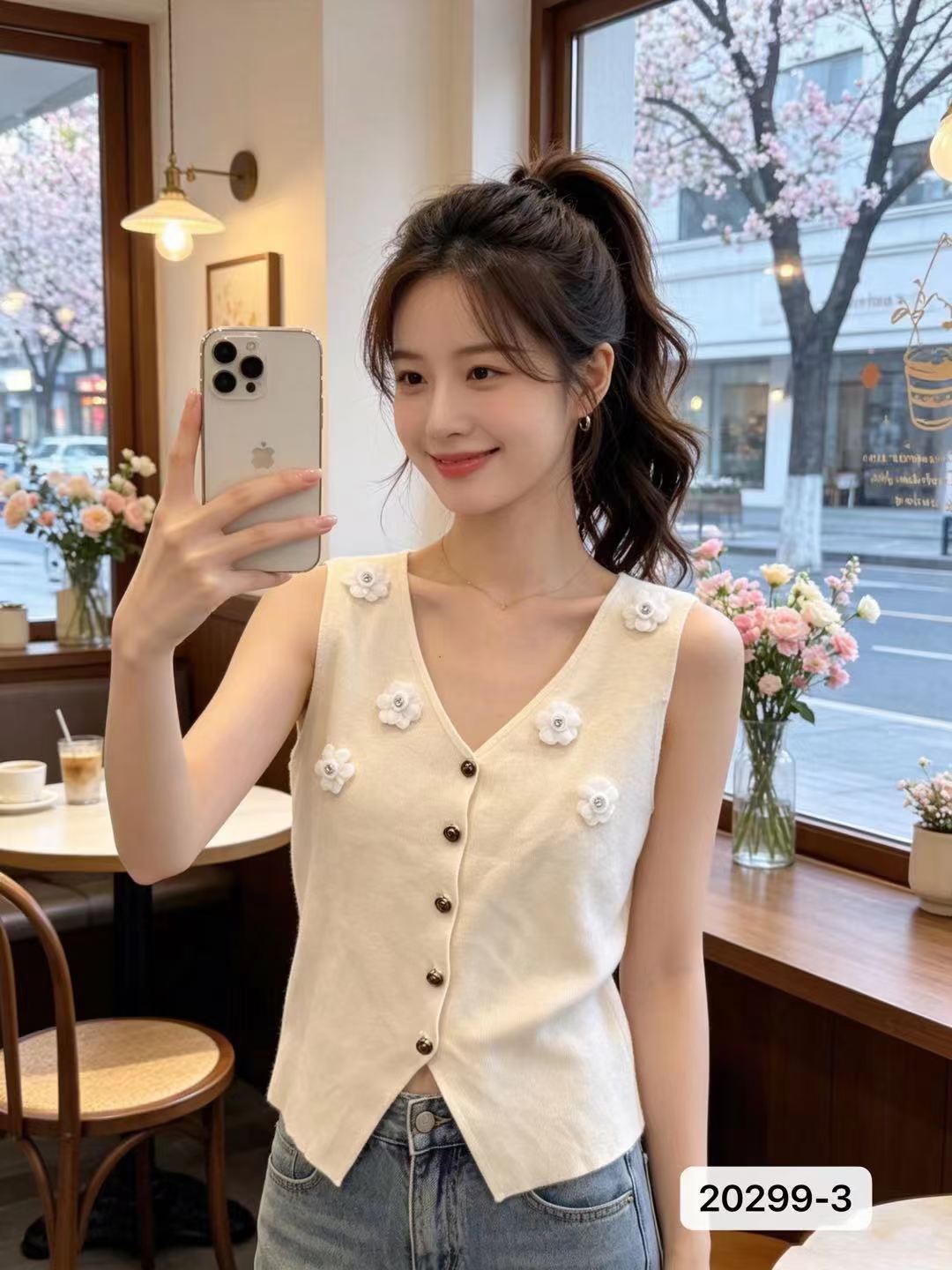 달콤함 연령 감소 V넥 3 차원 꽃 장식 조끼 오픈 가디건