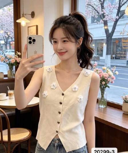 달콤함 연령 감소 V넥 3 차원 꽃 장식 조끼 오픈 가디건