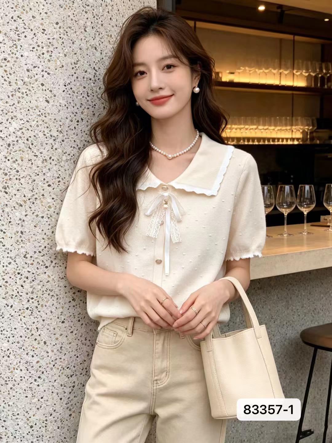 달콤함 연령 감소 베이비 칼라 나비 매듭 단추 풀오버 반팔