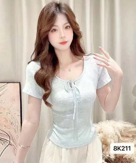순수한 욕망 바람 라운드 넥 레이스업 단색 다용도 풀오버 반팔